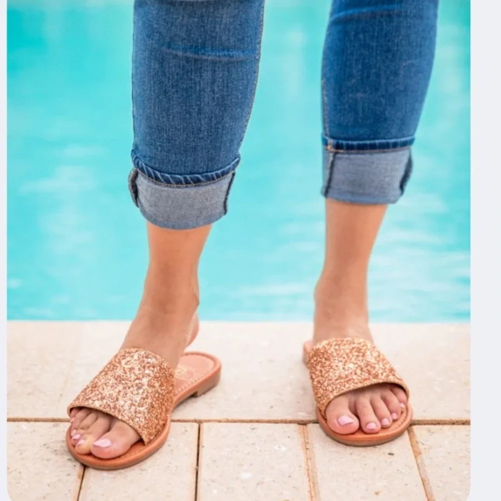Everglades Rose Gold Glitter Slide Sandals Women Size‎ 8 Sparkly Flat Slip On